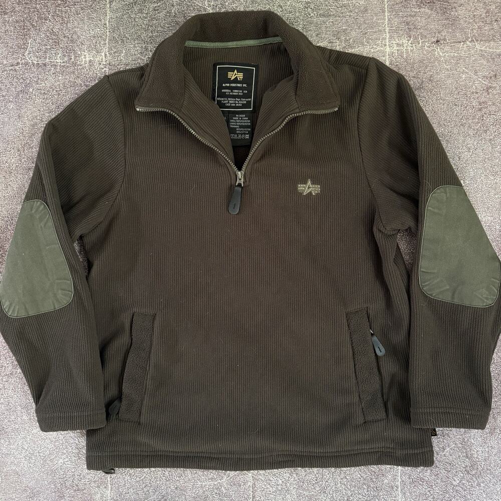 Men's Alpha Industries Army Green 1/4 Zip Up Elbow Patch Fleece Sweatshirt Sz S